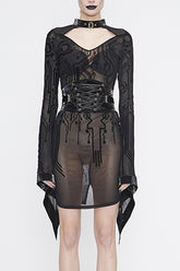 Black Circuit Diagram Flocking Printed Flared Sleeve Womens Gothic Dress